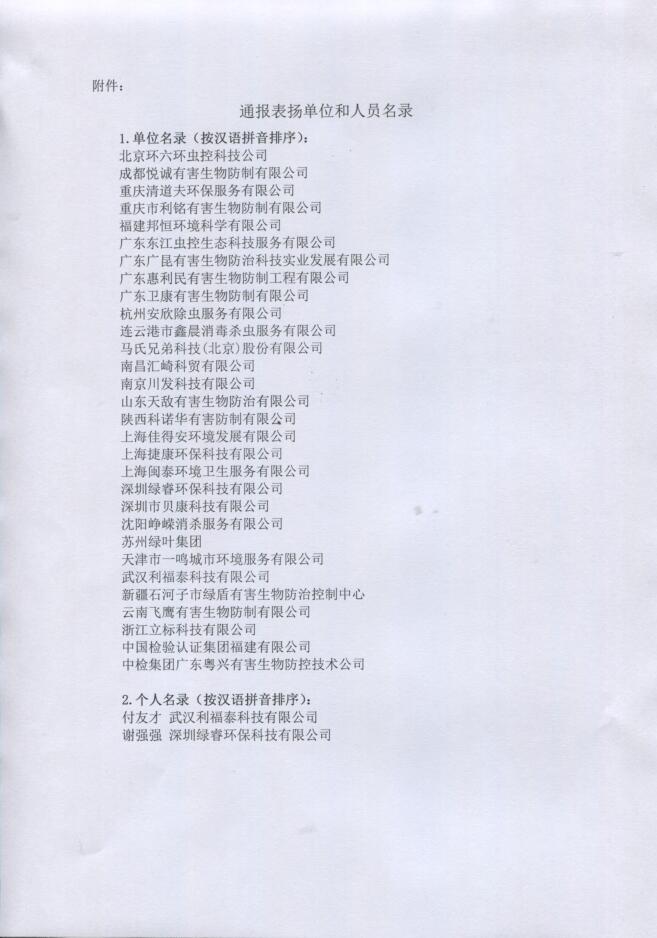 中國衛(wèi)生有害生物防制協(xié)會(huì)通報(bào)表揚(yáng)單位